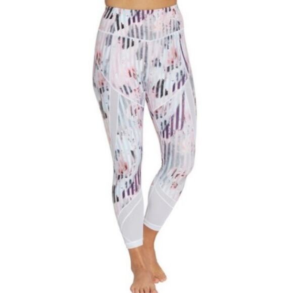 CALIA by Carrie Underwood | Pink Luster Stripe Floral Mesh Hem Leggings - Picture 1 of 6